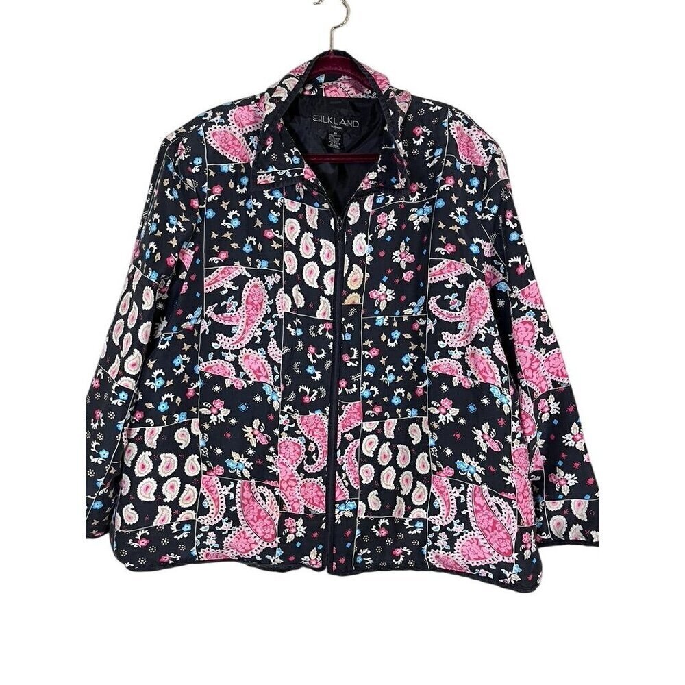 Silkland Silk Floral Jacket 3X Black Beaded Paisley Full Zip Boho‎ Western Artsy